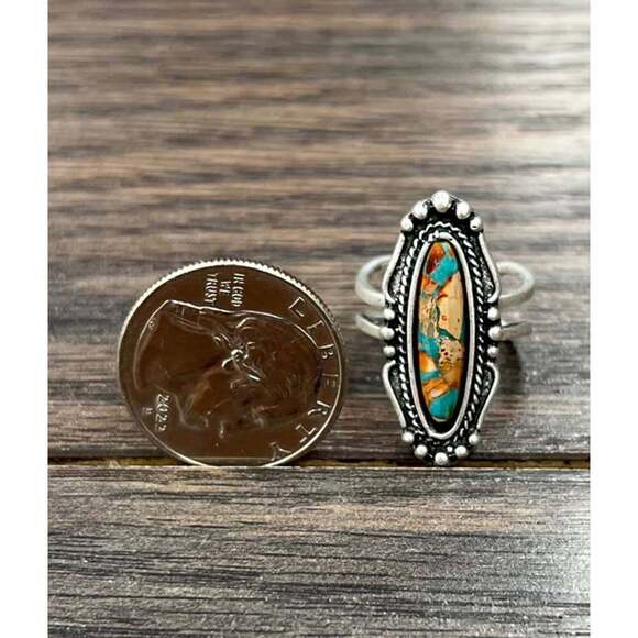 Southwestern Gemstone Adjustable Statement Cuff Ring with Brass Dual Band - Picture 3 of 3